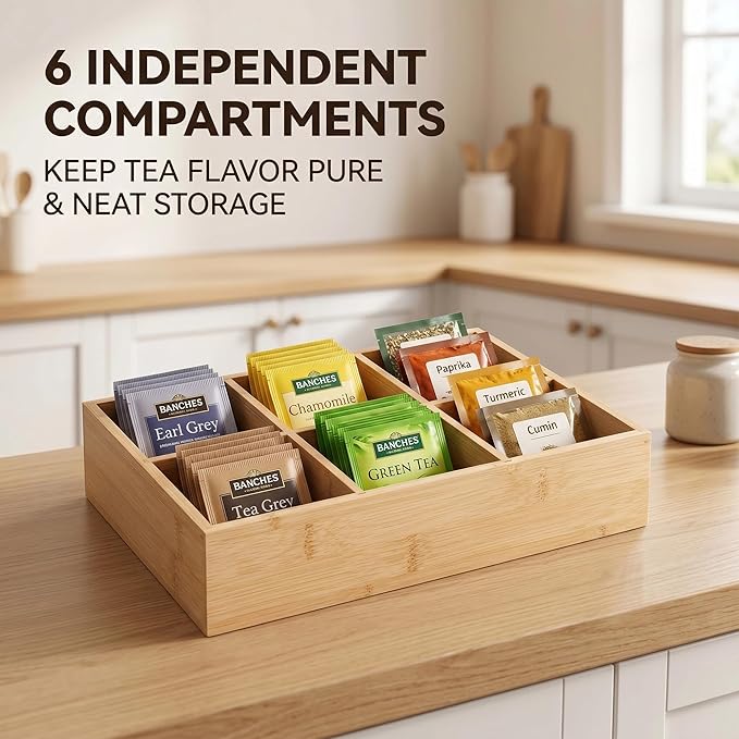 2 Pack Bamboo Small Desk Organizer with Adjustable Dividers, Wood Office Desk Dccessories Organizer for Snacks,Tea Bag,Makeup, Jewelry,Stationery
