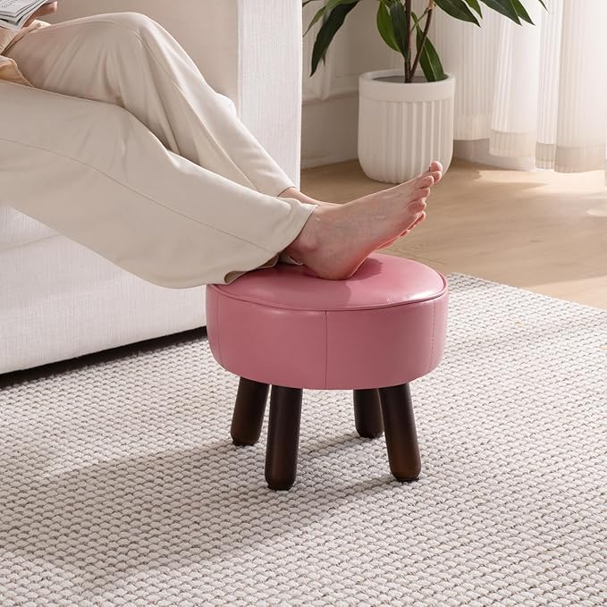 oakvivo Small Foot Stool Round Pouf Ottoman, 13'' Leather Foot Rest with Non-Skid Rubber Legs, Foolstool Ottomans for Couch, Sofa Footrest Step Stool for Living Room Bedroom Entryway Office, Pink