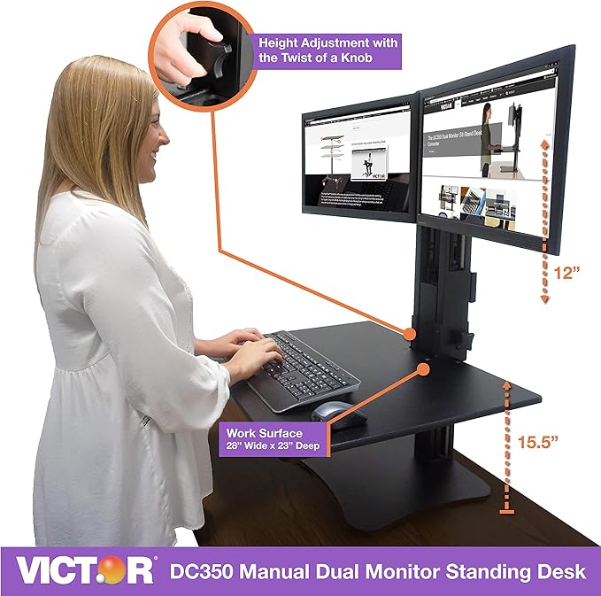 Victor High Rise Collection Dual Monitor Sit-Stand Standing Desk Converter, 28" by 23" by 15.5", Black