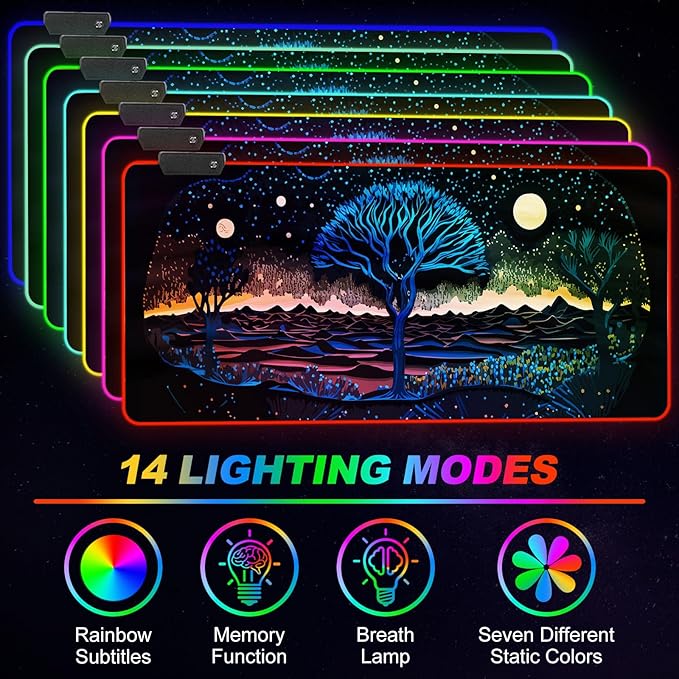 ARTSO Extra Large RGB Gaming Mouse Pad with 14 Light Modes, Extended Soft LED Mousepad, Anti-Slip Rubber Base, Computer Keyboard Mat (35.4 x15.7 Inch), Mysterious Tree