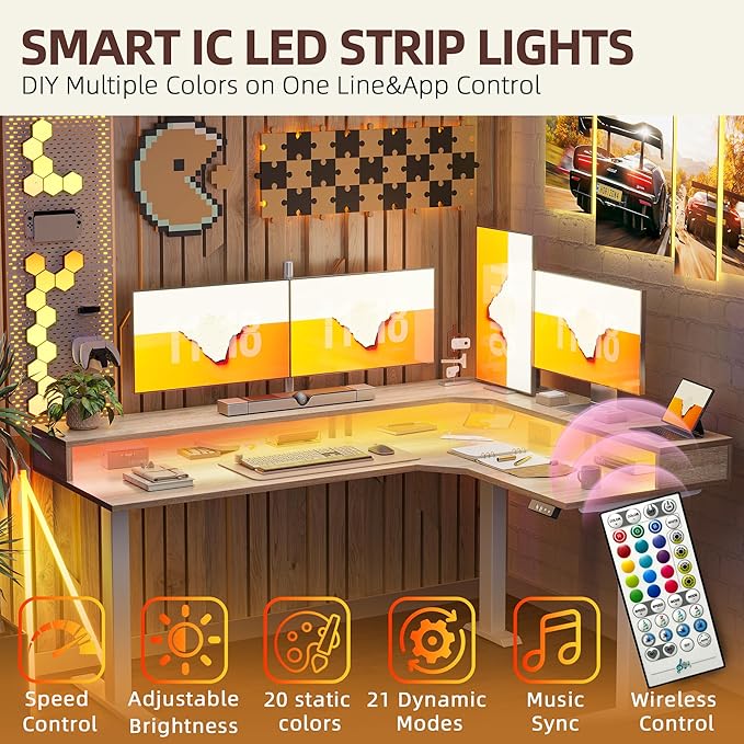 TIQLAB 63'' L-Shaped Standing Desk with LED Light Strip and Power Outlet, Height Adjustable Corner Table with Ergonomic Monitor Stand, Maple