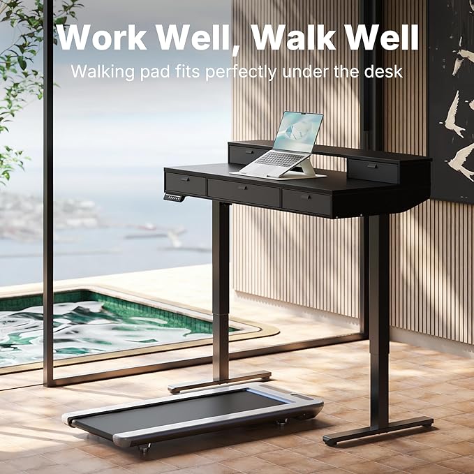 HUANUO 48 X 24 inch Electric Standing Desk with 4 Drawers, Adjustable Height Sit Stand Home Office Desk, C-Clamp Mount Compatible, Ergonomic Stand up Desk with 4 Preset Heights, Black