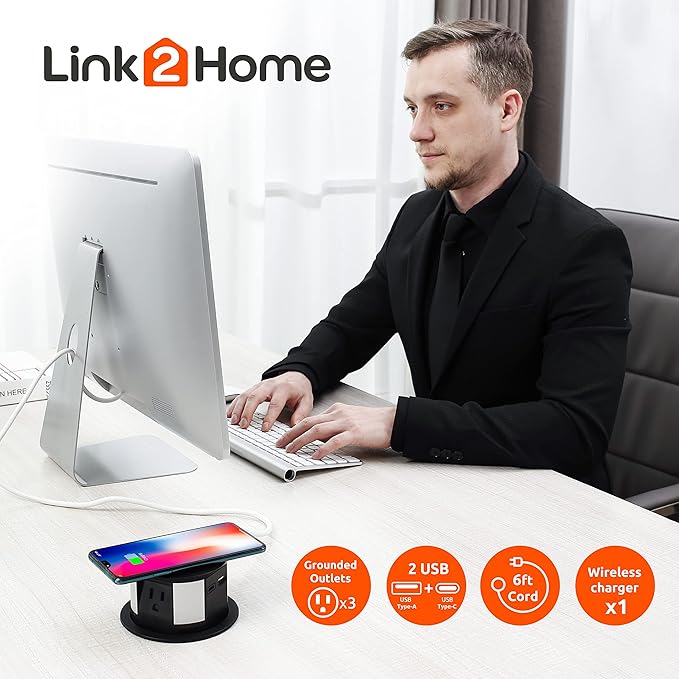 Link2Home Wireless Charging Pop Up Outlet with USB, Space Saver Retractable Power Station with 3 Outlets (15A), 2 USB A/C Ports (3.0A), Splash Resistant for Kitchen Island, Office Desk & Workshop