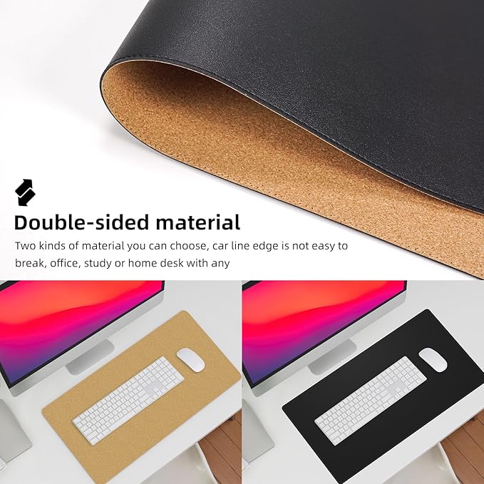 AFIING Cork Desk Mat 23.6 x 13.7, Dual-Sided Cork & PU Leather Desk Pad, Waterproof Non-Slip Desk Protector for Home Office, Study Desk & Minimalist Workspace Black