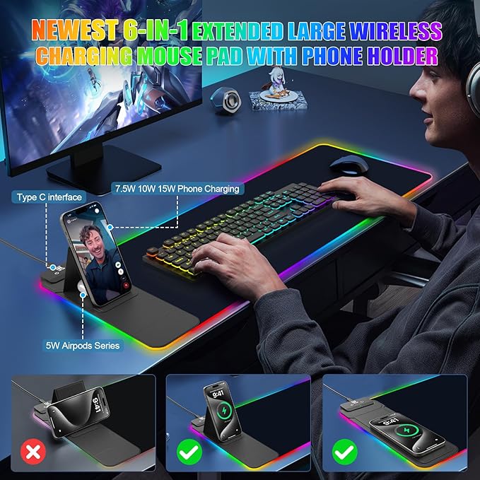 RGB Mouse Pad with Foldable Phone Stand Wireless Charger, 31.5"x11.8" XL Gaming Mousepad Large Desk Mat, Desk Pad with 11 Colors 5 Modes, Waterproof (Black with PD Adapter)
