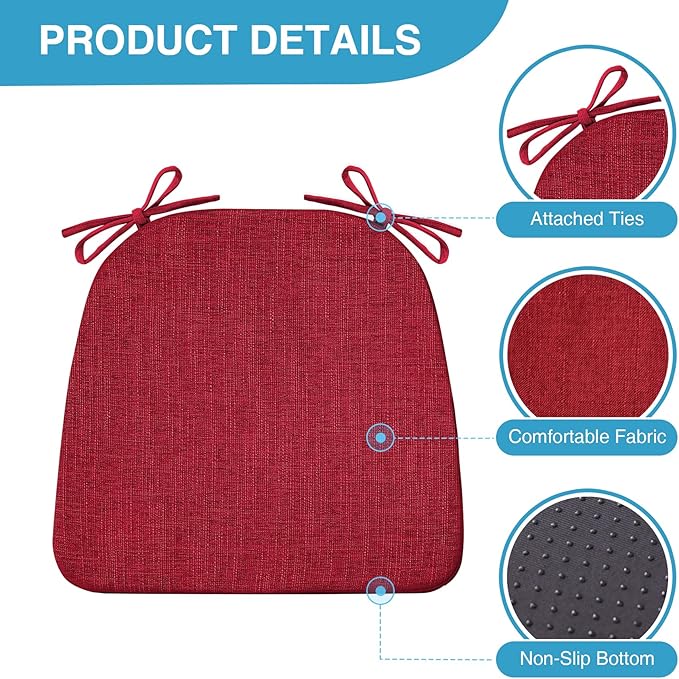 IASEAHK Chair Cushions for Dining Chairs Set of 6, Non Slip Kitchen Chair Pads, 17" x 16" x 2", Indoor Dining Chair Cushions with Ties, D-Shaped Seat Cushions for Kitchen Chairs, Red
