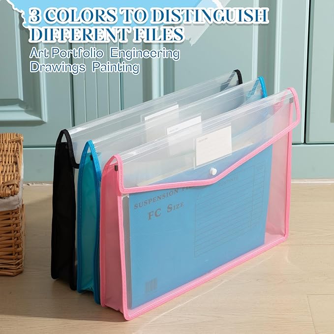 AmazingSpark 3 Pcs 11 x 17 Inch Expandable Tabloid Size Document Folder Organizers with Snap Closure & Label, Clear Plastic Expanding File Folder for A3 Ledger Size Plots Charts (Mix Colored)