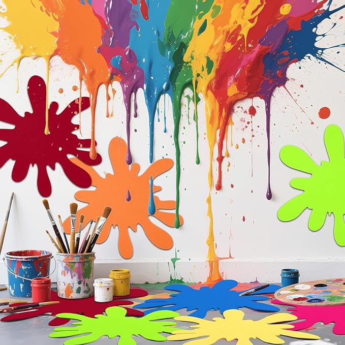 Tegeme 12 Pcs Large Paint Splatter Felt Art Colorful Mats, Rainbow Art Party Supplies Prop for Craft Wall Decal School Bulletin Board, Neon Paint Birthday Party Table Decoration (Neon,Bright)