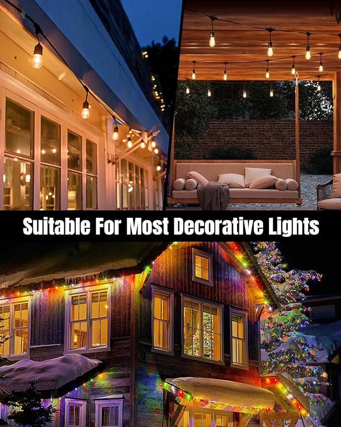 Hooks for Outdoor String Lights Clips: 50 Pack Square Clear Large Heavy Duty Light Hook Waterproof Adhesive Strips - Outside Hanging Rope Light Cable Cord Holders Organizer
