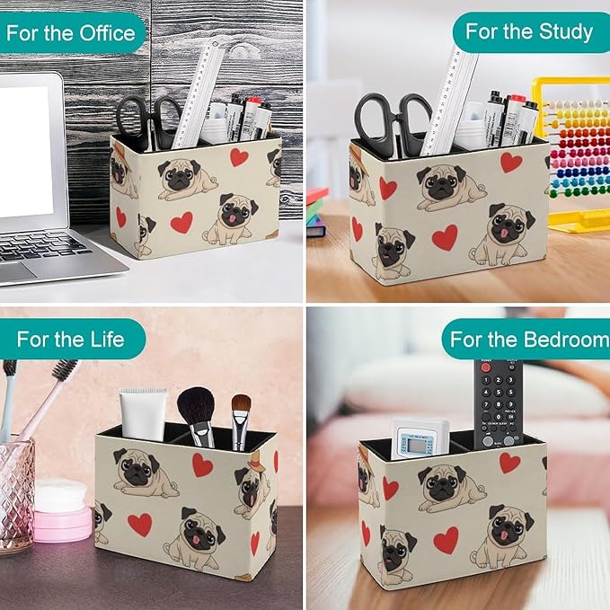Stylish PU Leather Pen Pencil Holder Red Love Heart Pug, Must-Have Desk Accessory