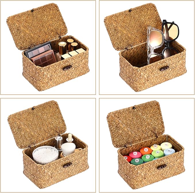 Hipiwe Mini Seagrass Basket with Lid Decorative Shelf Basket Box Multipurpose Desktop Organizer, Caramel 7.0" x 4.3" x 3.3"