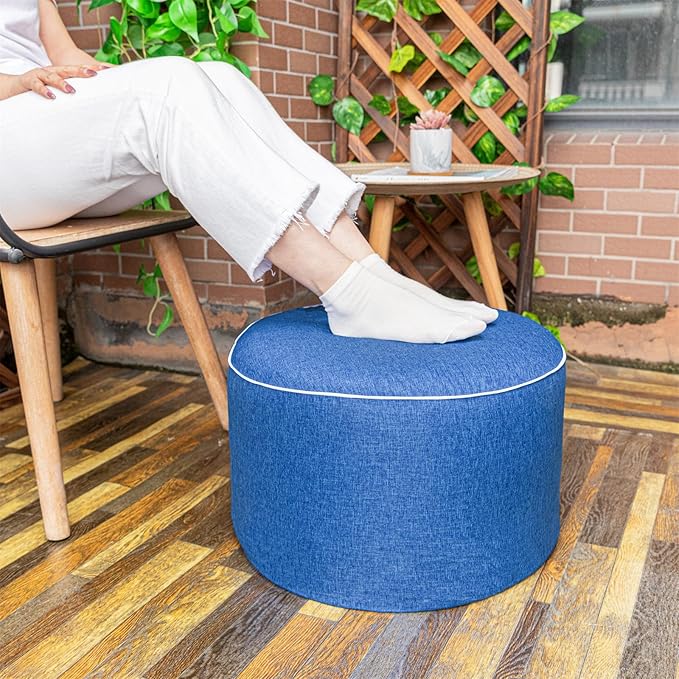 Outdoor Ottoman Outdoor Ottomans for Patio 20x12 Inches Modern Lightweight Foam Stuffed Pouf Outdoor Footstool Footrest Foot Stool Waterproof (Blue)