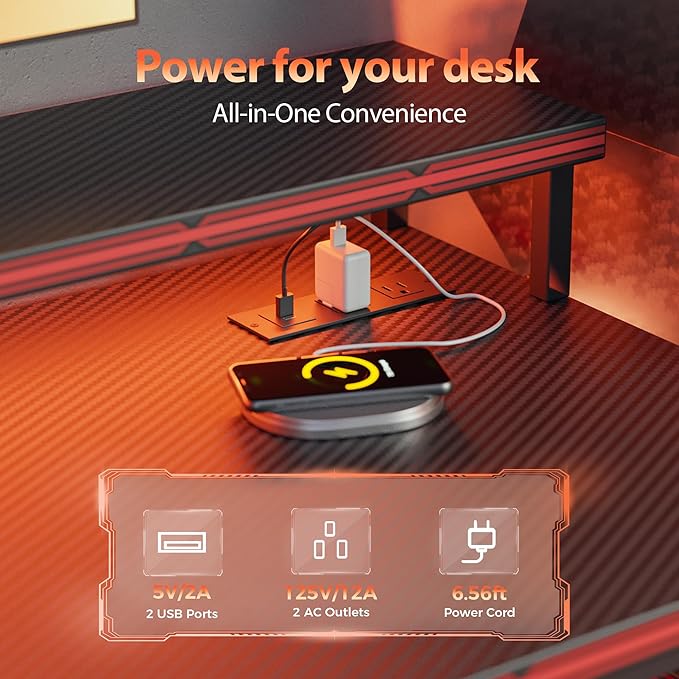 Mericonia 60 inch Gaming Desk with LED Lights & Power Outlets, Reversible Computer Desk with Storage Drawers & Monitor Stand, Large Gaming Table for Home Office