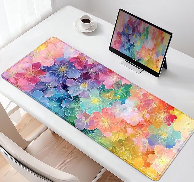 Colorful Flowers Large Mouse Pad Mat, Pink Blue Yellow and Green Pattern Desk Mat, Watercolor Beautiful Floral Desk Pads for Office, Non-Slip Laptop Computer Pad, 31.5x11.8 in