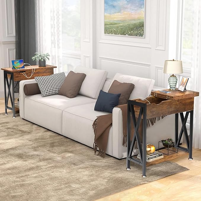 TooCust End Tables Living Room Set of 2, Narrow Side Table with Charging Station, 12" D x 24" W x 24" H, Flip Top End Table with USB Ports and Outlets, Couch End Tables Set of 2, Steel X-Shaped Frame