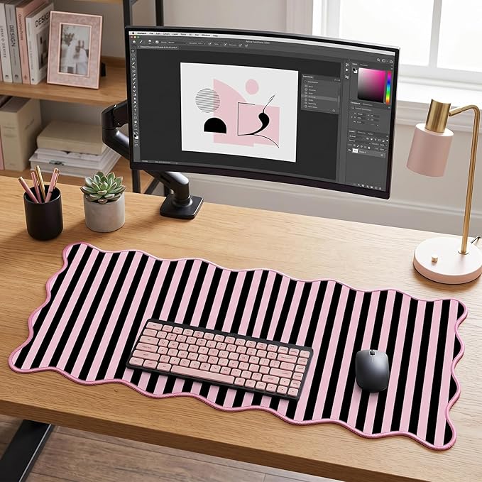 Scalloped Desk Mat Extended Large Cute Striped Mouse Pad Big Desk Pad XXL Aesthetic Stripe Mousepad Gaming Mouse Pad for Keyboard Computer Laptop Home Office Accessories 31.5X15.7Inches Black Pink