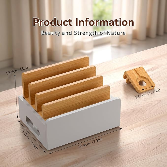 Pezin & Hulin Bamboo Charging Station for Multiple Devices with 5 Port USB Charger,5Cables,Smart Watch&Earbuds Stand, Desk Docking Stations Electronic Organizer for Cell Phone, Tablet (Natural+White)
