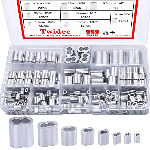 Twidec/222PCS 8 Sizes Aluminum Crimping Loop Sleeve M1.2-M6(3/64''-1/4'') Wire Rope Sleeve Cable Crimp Ferrules for Wire Rope and Cable Assortment Kit N-019-222PCS