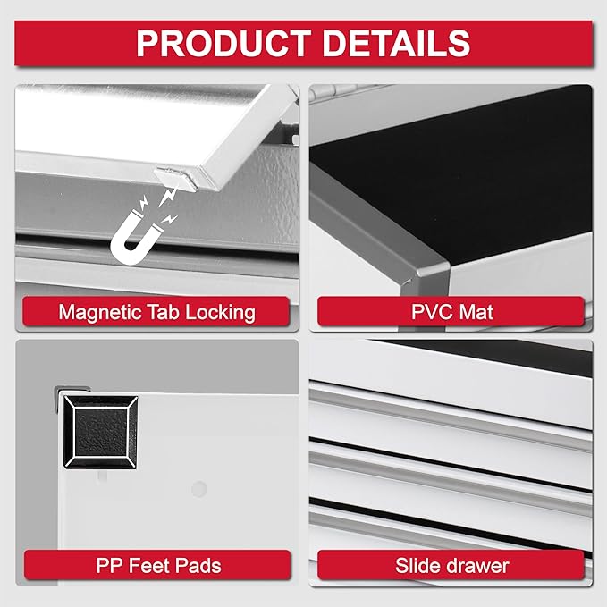 P.I.T. Mini Tool Box 8.6"W X 4.6"D, Portable 3 Drawer Steel Stackable White Tool Box with Magnetic Tab Locking, White Micro Top Chest with Liner for Tools Storage and Organizers, Home DIY