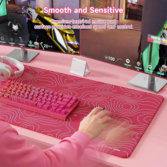ATTACK SHARK CM02Pro Gaming Mouse Pad for Esports Speed Large Mouse mats for Desk Waterproof Surface Stitched Edges and Anti-Slip Rubber Base Size XXL Laminate 35.43” x 15.75” x 0.16” Pink Contour