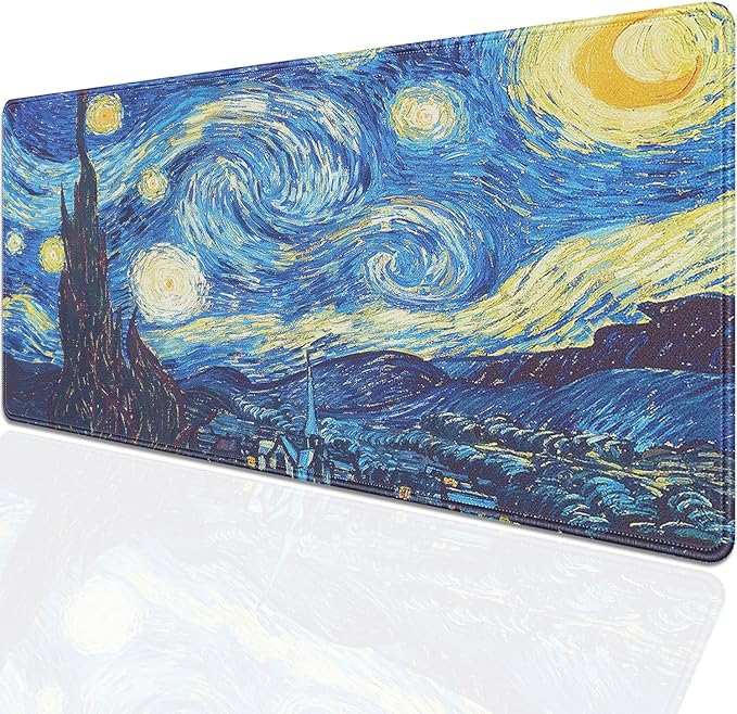 Van Gogh Starry Night Large Mouse Pad Desk Mat, 27.5x11.8in Classic Art Extended Keyboard Mousepad with Stitched Edges, Non-Slip Waterproof Rubber Base for Office, Computer & Laptop