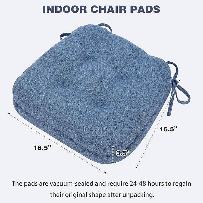 baibu Set of 2 Dining Chair Cushions, Dual-Layer Patent Design Memory Foam Kitchen Chair Cushions, Non-Slip Seat Pads with Ties, 16.5 x 16.5 x 3.5in, 2 Pack, Blue