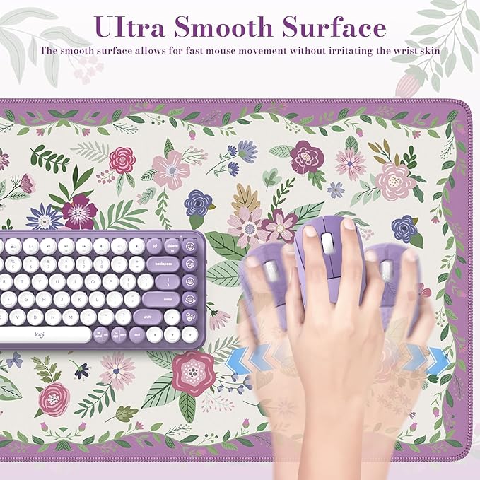 iCasso Floral Desk Mat for Keyboard and Mouse,Cute Gaming Mouse Pad XXL,Anti-Slip Desk Matt for Desktop,Soft Lycra Surface Computer Mat Women,Girly Big Mousepad for Home Office (Purple Floral)