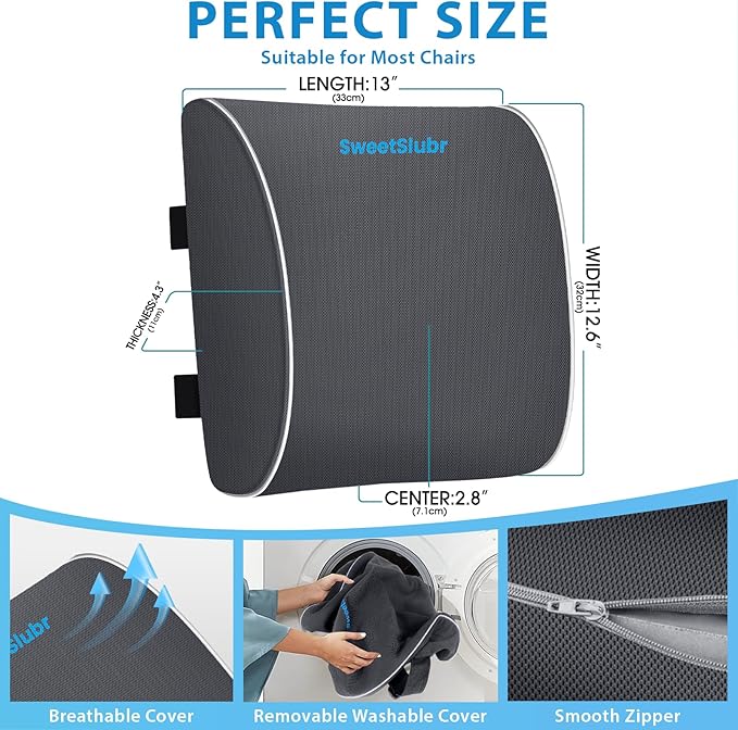 SweetSlubr Lumbar Support Pillow for Office Chair, Car Seats and Home Desks, Ergonomic Back Support with Double Adjustable Straps, Machine Washable Cover, Grey