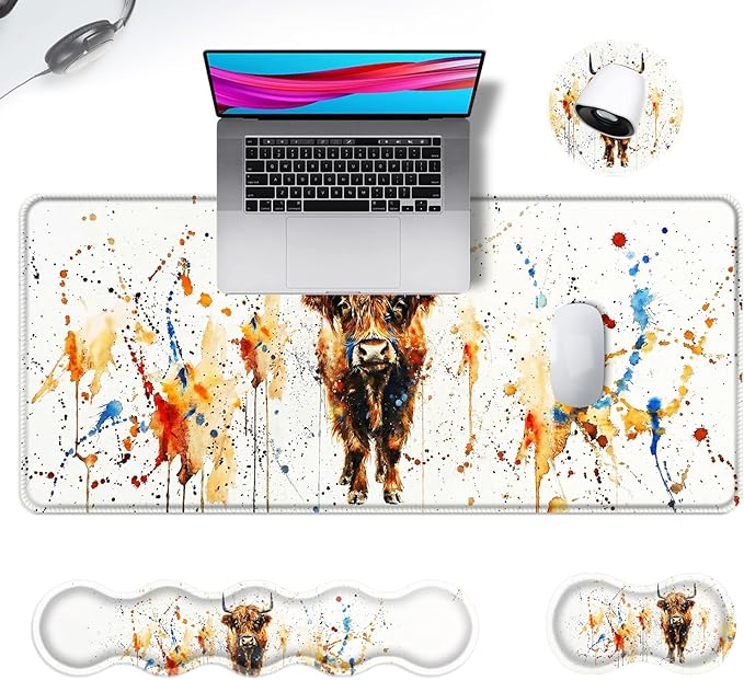 Ergonomic Mouse Pad Set with Wrist Support for Keyboard and Wrist Rest for Mouse, Memory Foam Comfort, Non-Slip Large Desk Mat for Home Office Pain Relief,Watercolor Highland Cow