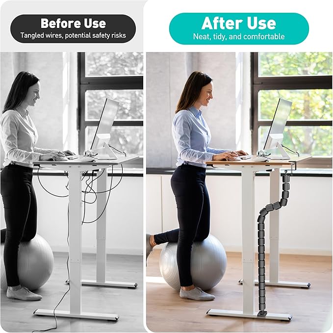 Clamp-On Cable Management Spine, No-Drill Vertebrae Wire Hider for Glass & Wood Standing Desks, Tool-Free Adjustable Desk-to-Floor Cord Organizer Snake with Non-Scratch Silicone Padding