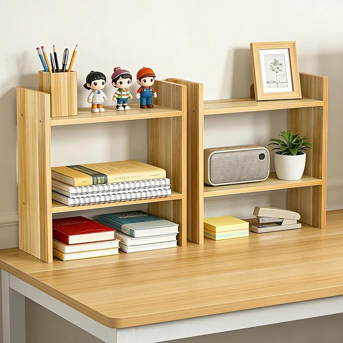 Small Shelf for Desk - Desktop Organizer Shelf, Over Desk Storage, 2 Tier Desktop Bookshelf for Office Table Top Organizer, Wood 2 Pack