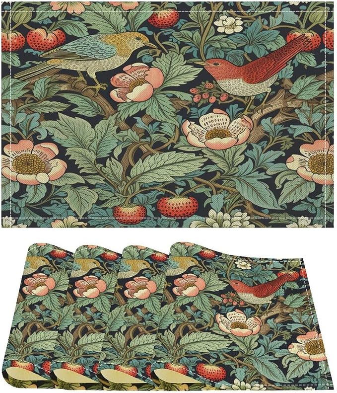 William Morris Botanical Art Placemats Strawberry Thief Floral Bird Linen Washable Table Mats Stain Heat-Resistant Desktop Decor Place Mats for Home Kitchen Dining Party 12x18 in 6 Pcs