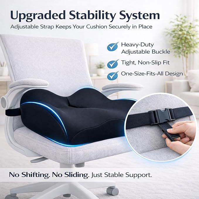 X Large Memory Foam Seat Cushion for Office Chair, High-Density Pad with Non-Slip Bottom and Adjustable Strap, Tailbone Pressure Relief for Long Sitting, Desk Work, Car, Wheelchair, Black