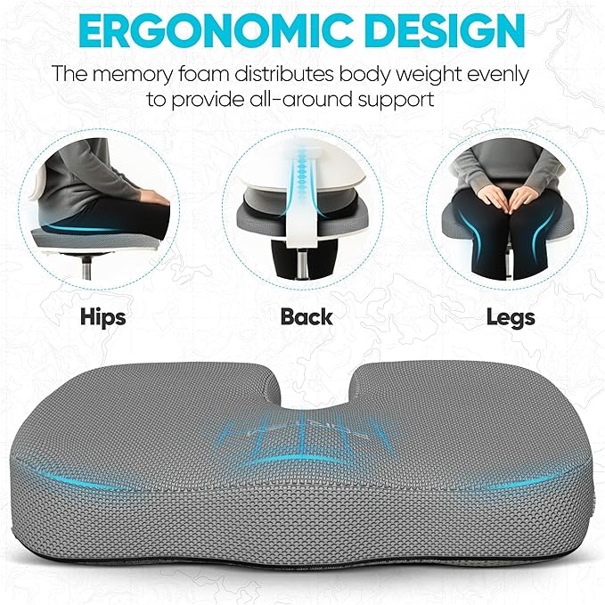 FORTEM Seat Cushion, Office Chair Cushion, Memory Foam Car Seat Cushions, Sciatica Coccyx Tailbone Pain Relief, Chair Cushions for Back Support, Sitting Pad for Gaming, Washable Cover, Non Slip, XL
