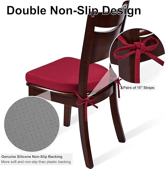 Shinnwa Dining Chair Cushions Set of 4, Non-Slip Kitchen Chair Cushions with Ties and Machine Washable Cover, 4 Pack, 17 x 16.5 x 2in, Wine Red