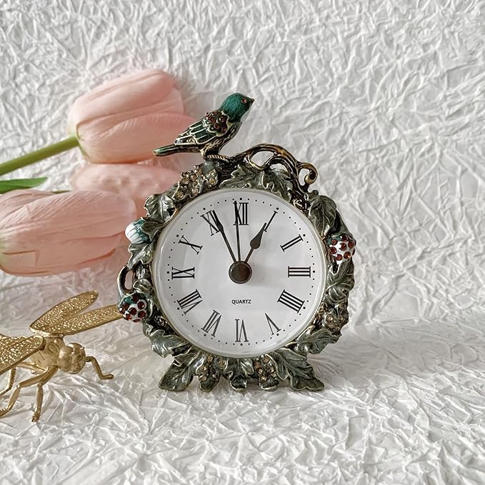 Silent Mini Vintage Analog Table Clock with Hand-Painted Metal Body and Battery Operated Non-Ticking Core for Shelf, Bedroom, Bedside, Desk, Gift Clock