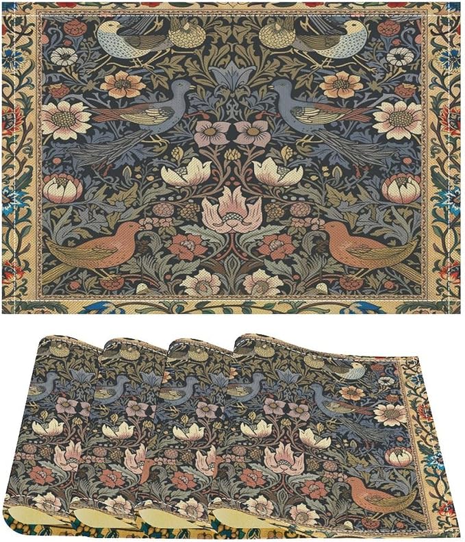 William Morris Bird Placemats Retro Bird Elegant Animal Pattern Linen Washable Table Mats Stain Heat-Resistant Desktop Decor Place Mats for Home Kitchen Dining Party 12x18 in 6 PCS