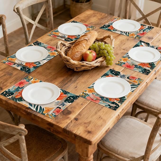 Placemats Set of 6, Tropical Floral Orange Flowers Linen Placemats 12x18 Inch, Heat Resistant Table Mats, Washable Non Slip Place Mats for Dining Table Kitchen Home