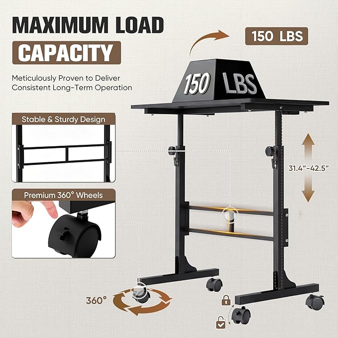 Furmax 31.4" Small Portable Standing Desk Height Adjustable with Lockable Wheels, Mobile Stand Laptop Computer Workstation for Walking Pad Treadmil (Black)