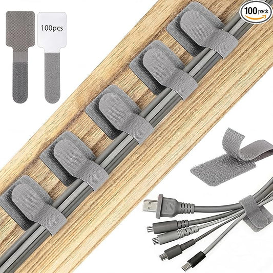 100 Pcs Hook and Loop Cable Ties, Self Adhesive Cable Management Under Desk Cable Straps, Adjustable Cord Organizer for Desk Home Office Organization (Grey)