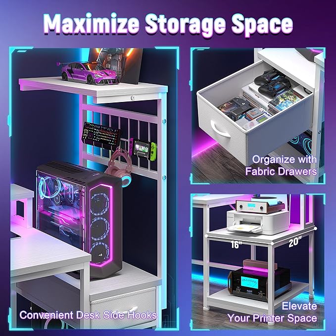 DurayLoly 55" Computer Desk with LED Lights & Outlets,Office Desk with Drawers & Monitor Stand,Gaming Desk with 3 Storage Shelves, Hooks& Printer Space for Game&Study Room,Home Office,Bedroom,White