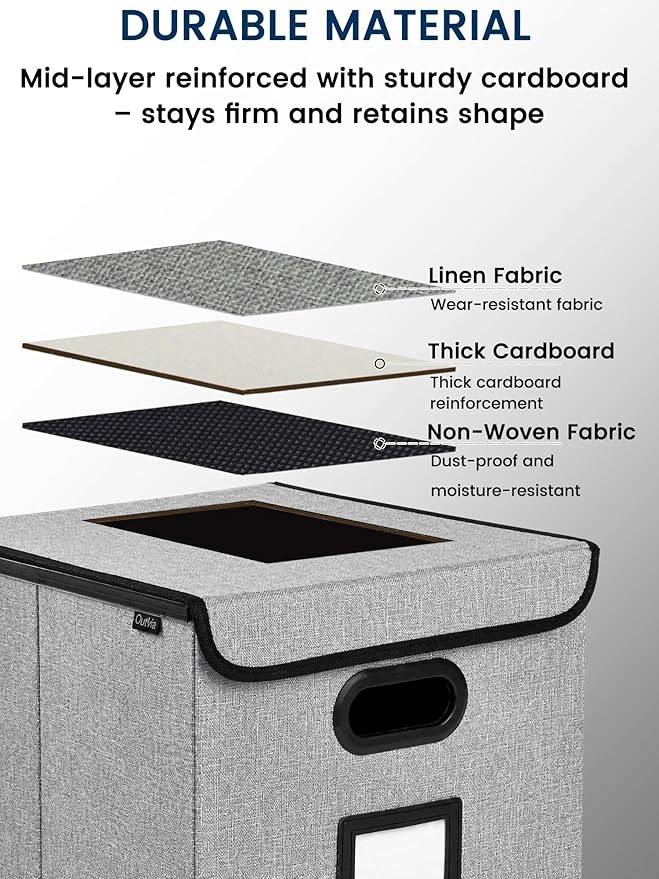 Qerlei File Organizer Boxes with Lids,Collapsible File Folder Organizer with Plastic Slide,Collapsible Filing & Storage Boxes for Office/Decor/Home (Grey, 2 Pack)