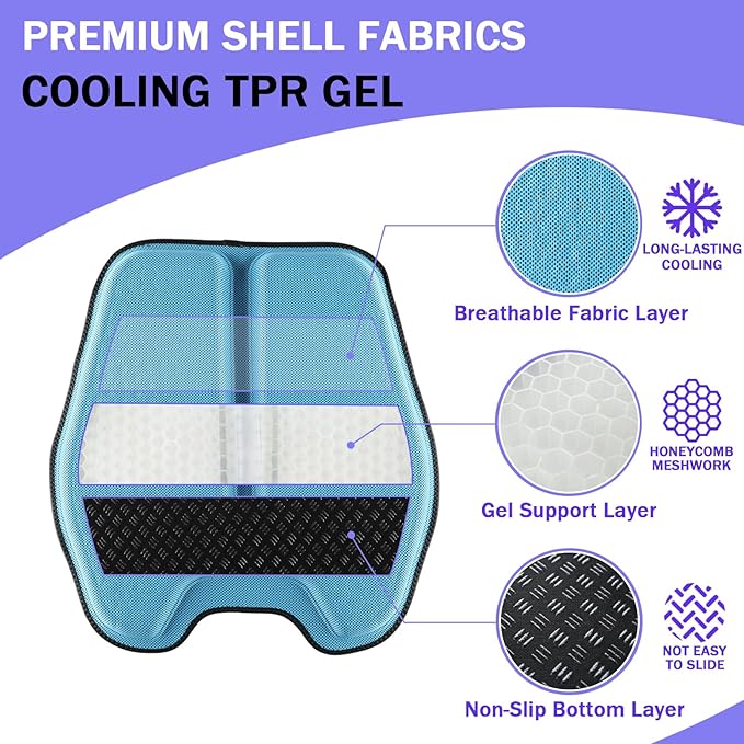 Soft Thin Gel Seat Cushion for Car Seat, Office Chair, Wheelchair, Stadium - Non-Slip Car Seat Cushions with 1 Inch Gel - Sciatica & Tailbone Pain Relief (Blue)