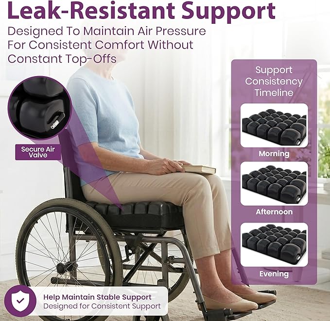 Inflatable Wheelchair Seat Cushion 18 x 16 x 3" - Pressure Sore Relief Air Cushion for Wheel Chair With Interconnected 3" Cells - Breathable Nylon Cover, Includes Pump, Repair Kit - 315lbs Capacity