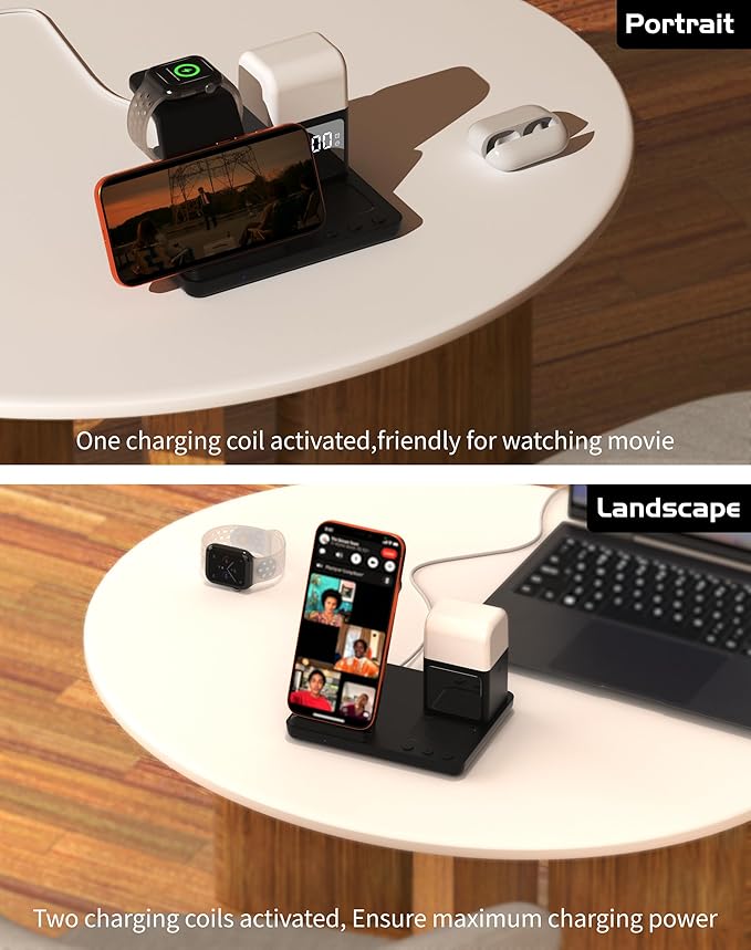 Wireless Charger for iPhone, 6in1 Fast Phone Charger Stand Dock Alarm Clock Night Light, Wireless Charging Station for Apple Watch, for Airpods 3/2/Pro, for iPhone 17/1615/14/13/12/11/Pro/Max (Black)