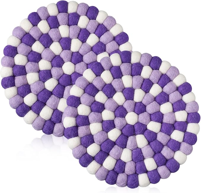 Lallisa 2 Pieces Felt Ball Trivet Round Felt Ball Coasters Handmade Trivet Multi Color Pot Mat Hot Plate Holder Heat Resistant Pot Holder for Table Desk Kitchen Decoration Accessories (Purple)