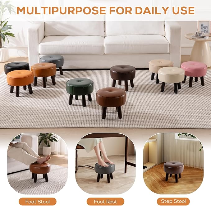 oakvivo Small Foot Stool Ottoman, Round Pouf Foot Rest, Footstool Ottomans with Rubber Legs Under Desk, Faux Leather Footrest for Couch, Living Room, Bedroom, Hallway, Office, 13''L x 13''W x 10.2''H