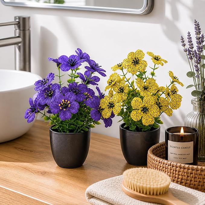 Small Artificial Flowers in Pots, Fake Plants Indoor Small, Spring Decorations for Home Office Desk Accessories, Mini Potted Flowers for Bathroom Shelf