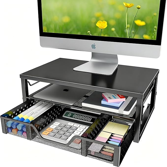 Simple Trending Desk Organizer and Accessories, Computer Monitor Stand Riser with Drawer, Metal Laptop Stand for Desk, Black