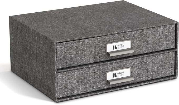 Bigso Birger 2-Drawer Canvas Fiberboard Easy Pull Handle Box - Desktop Drawers for A4 and Letter Size Papers - Desk Drawers with Metal Label Holder - 13.1in x 10in x 5.7in - Melange Grey